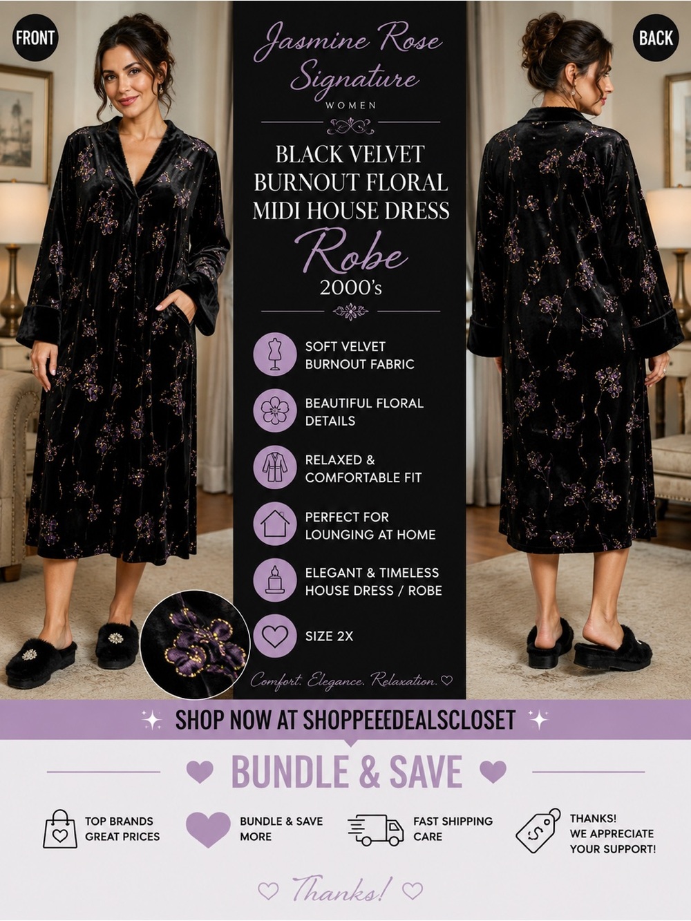 Jasmine Rose Signature Women Black Velvet Burnout Floral Midi House Dress